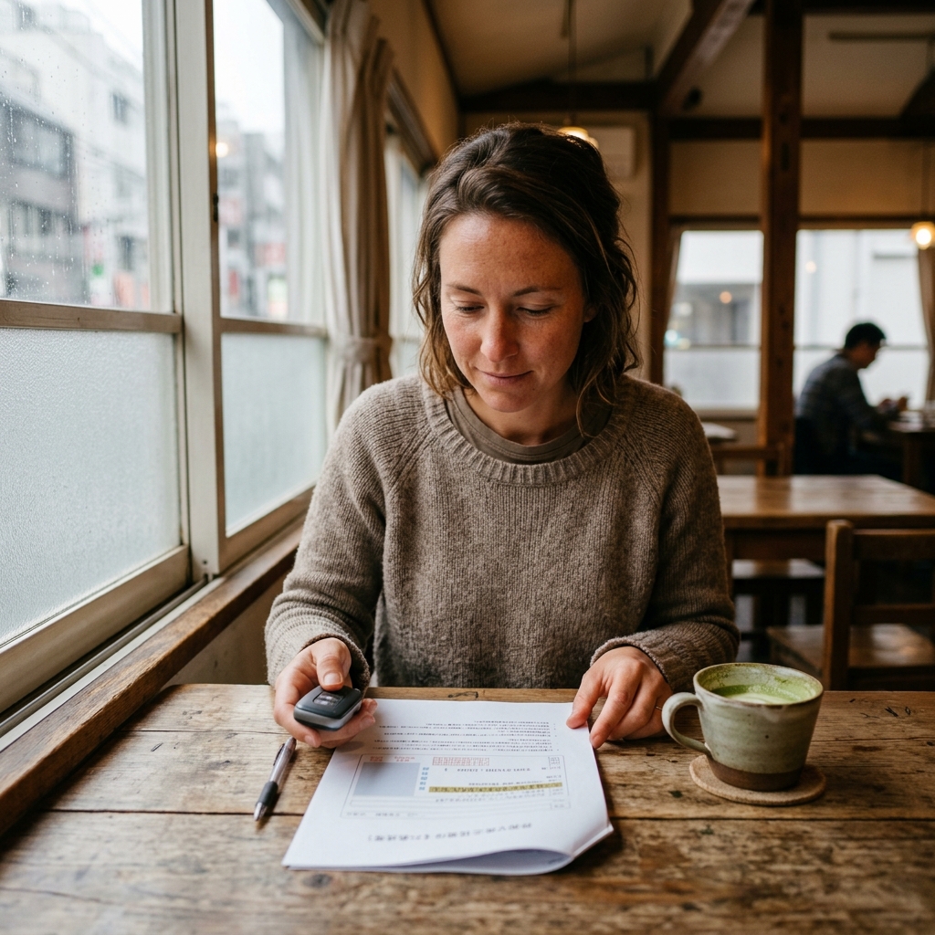 Voyageuse examinant sa traduction de permis dans un café japonais — prix et comparatif des services