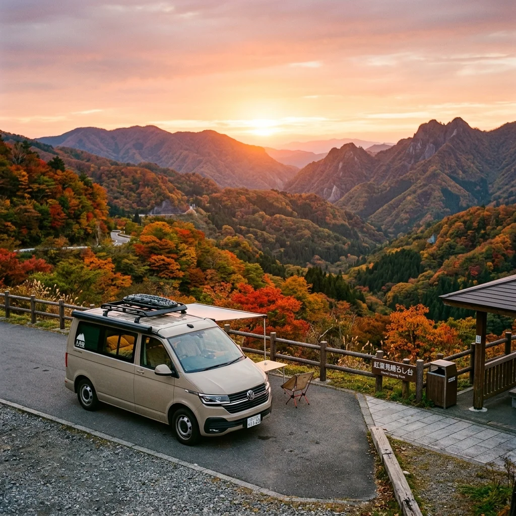 Camping-car garé dans la nature à Kyushu au coucher du soleil