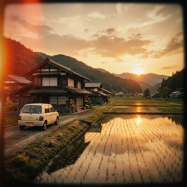 Japanese village with car at golden hour