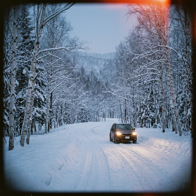 Snow-covered mountain road in Japan on the way to a ski area